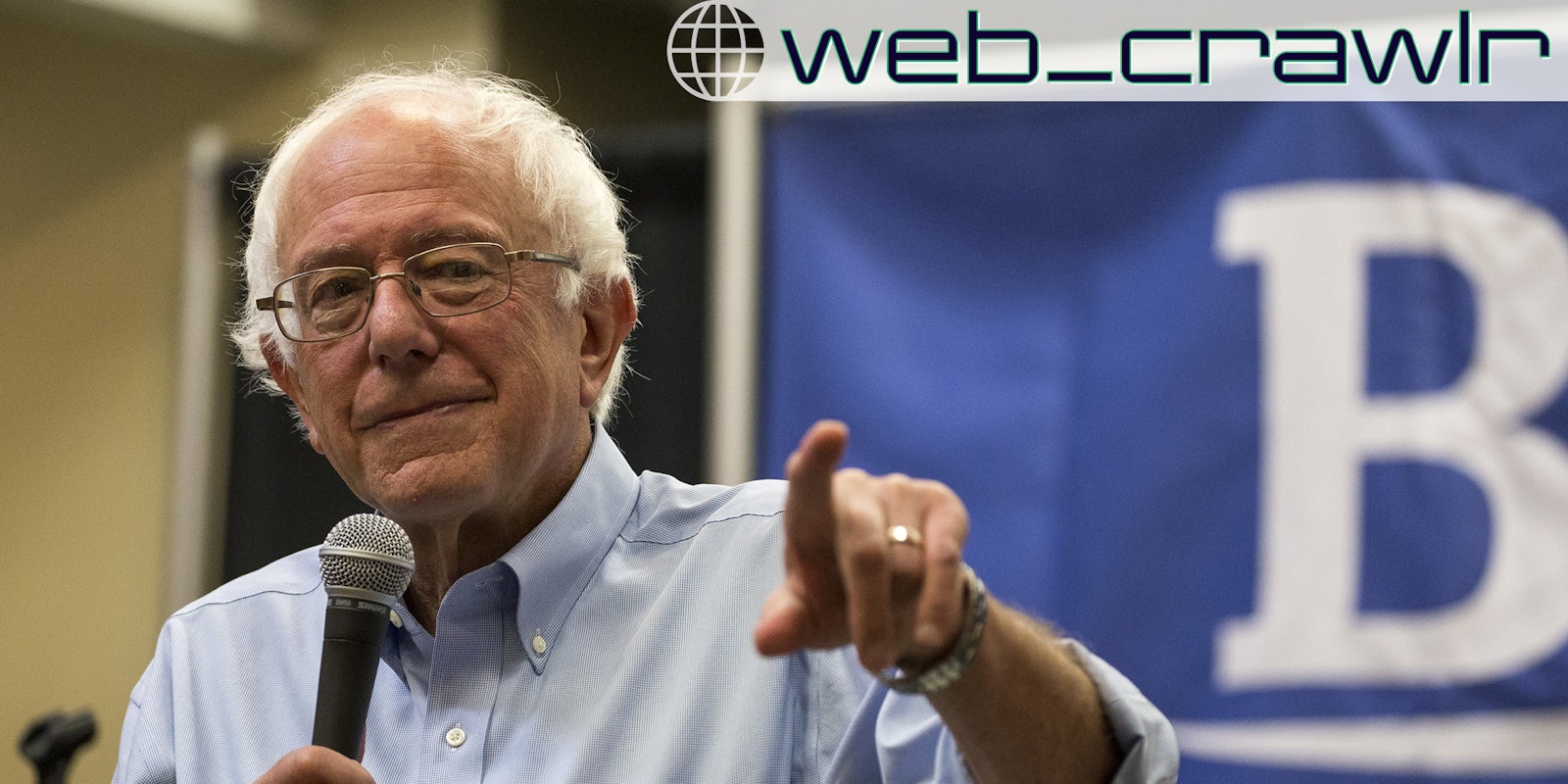 Sen. Bernie Sanders pointing. The Daily Dot newsletter web_crawlr logo is in the top right corner.
