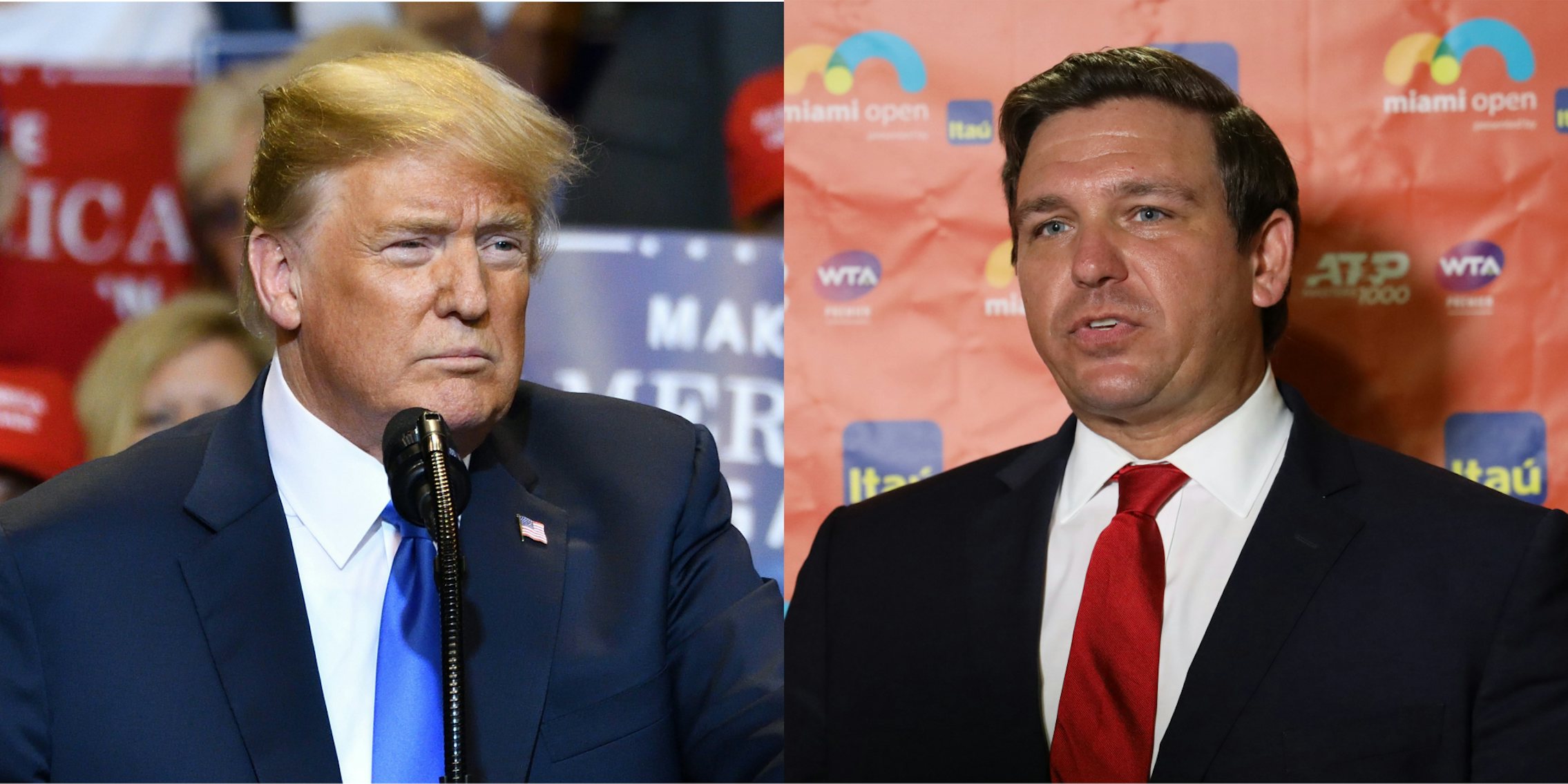 Donald Trump with microphone in front of crowd holding signs (l) Ron DeSantis speaking in front of orange background (r)