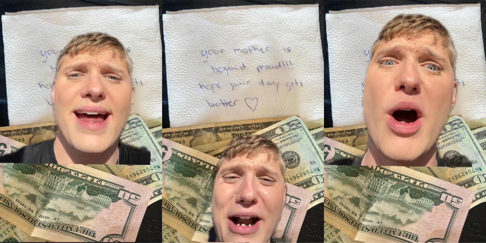 server greenscreen TikTok over image of cash and note written on napkin (l) server greenscreen TikTok over image of cash and note written on napkin 'your mother is beyond proud!!! hope your day gets better' (c) server greenscreen TikTok over image of cash and note written on napkin (r)