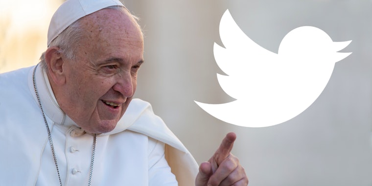 Pope Francis pointing at white Twitter bird logo on right