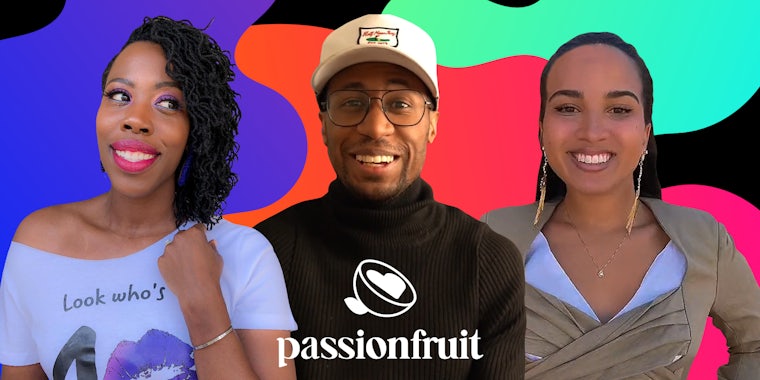 Influential content creators in front of colorful abstract background with Passionfruit logo at bottom