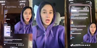 woman greenscreen TikTok over phone in hand on Snapchat texts 