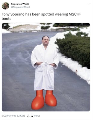 tony soprano in red boots and a white robe