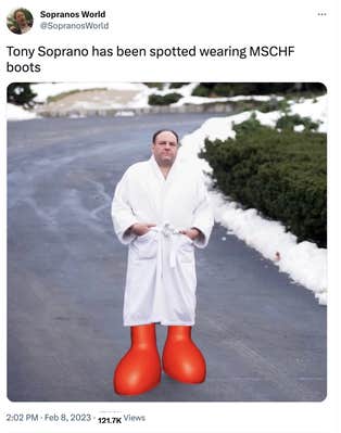 tony soprano in red boots and a white robe