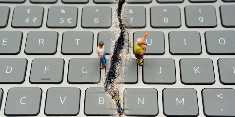 The keyboard is split by the cracks that separate the opposites.