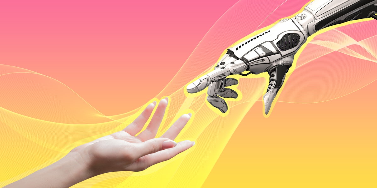 human hand reaching for robot hand in front of pink to yellow gradient background Passionfruit Remix