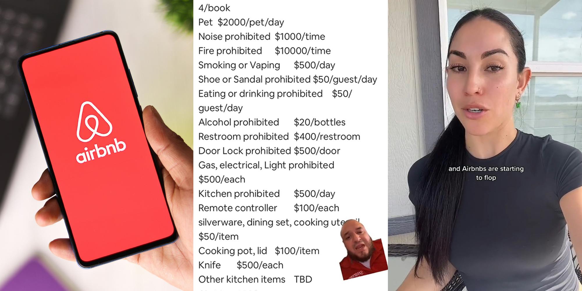 hand holding phone with Airbnb on screen in front of blurred desk background (l) man greenscreen TikTok over Airbnb rules (c) woman speaking with caption "and Airbnbs are starting to flop" (r)