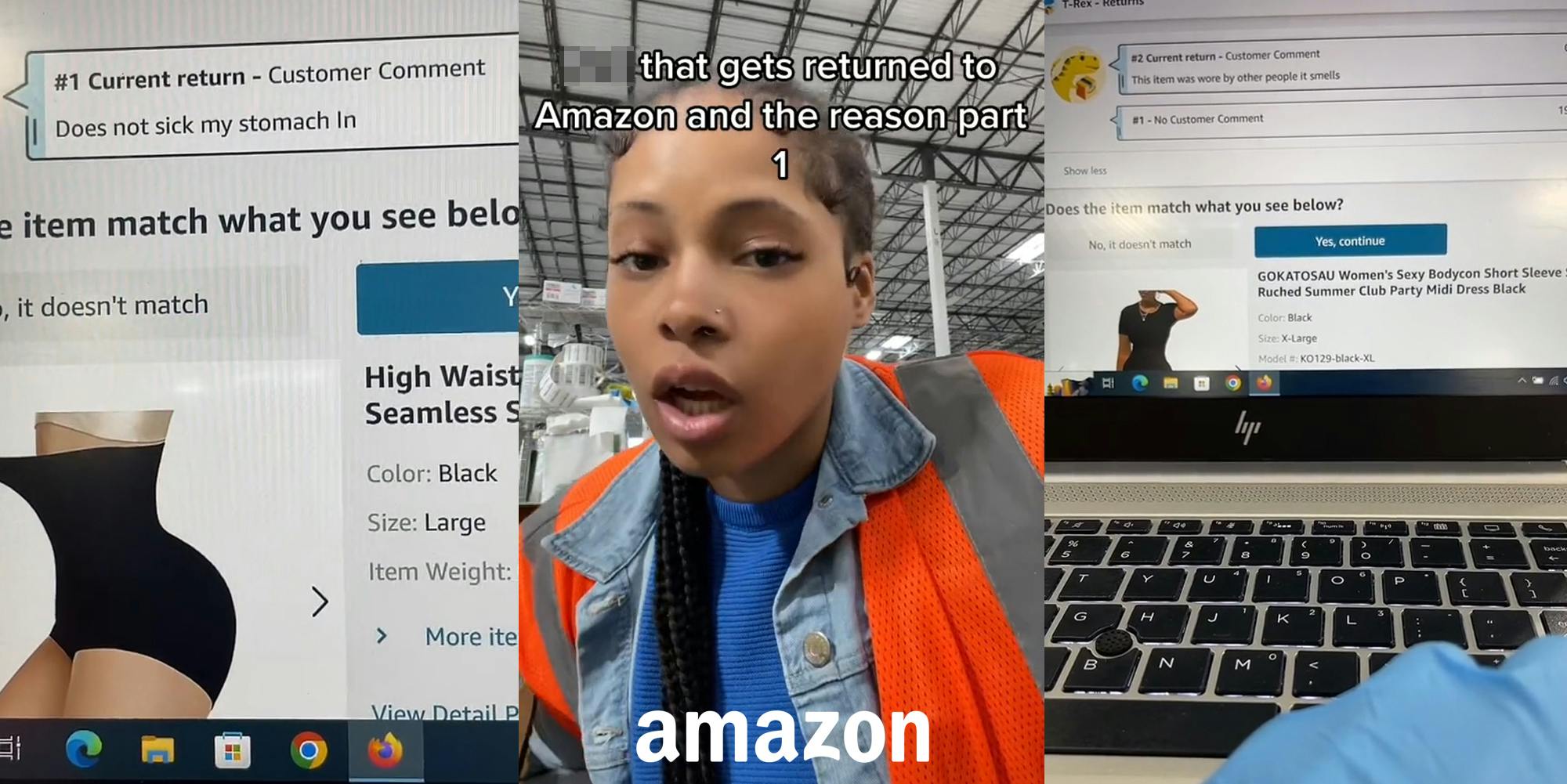Amazon returns on laptop screen with comment "Does not sick my stomach in" (l) Amazon employee speaking with caption "blank that gets returned to Amazon and the reason part 1" with Amazon logo at bottom (c) Amazon worker using laptop with Amazon returns on screen (r)