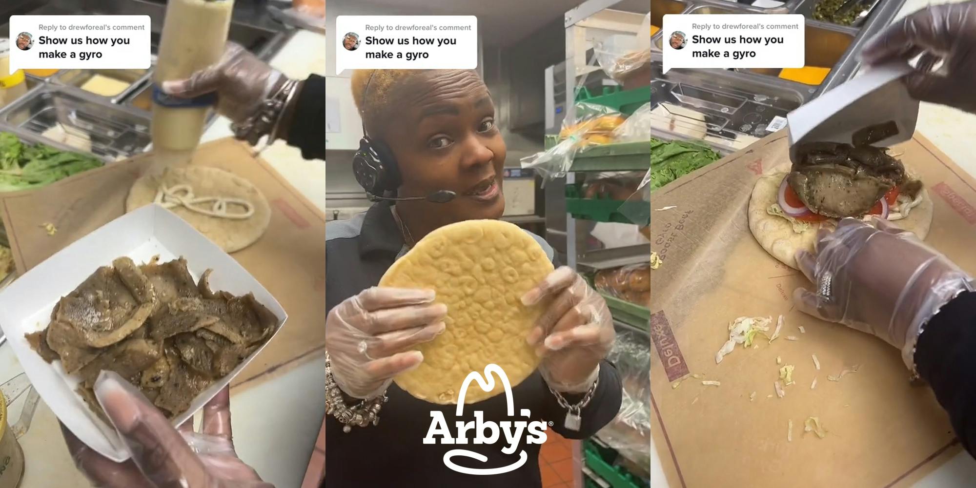 Arby's GM holding gyro meat while putting sauce on pita bread with caption "Show us how you make a gyro" (l) Arby's GM holding pita bread with caption with caption "Show us how you make a gyro" with Arby's logo at bottom (c) Arby's GM putting gyro together, laying meat on top of veggies on pita bread with caption "Show us how you make a gyro" (r)