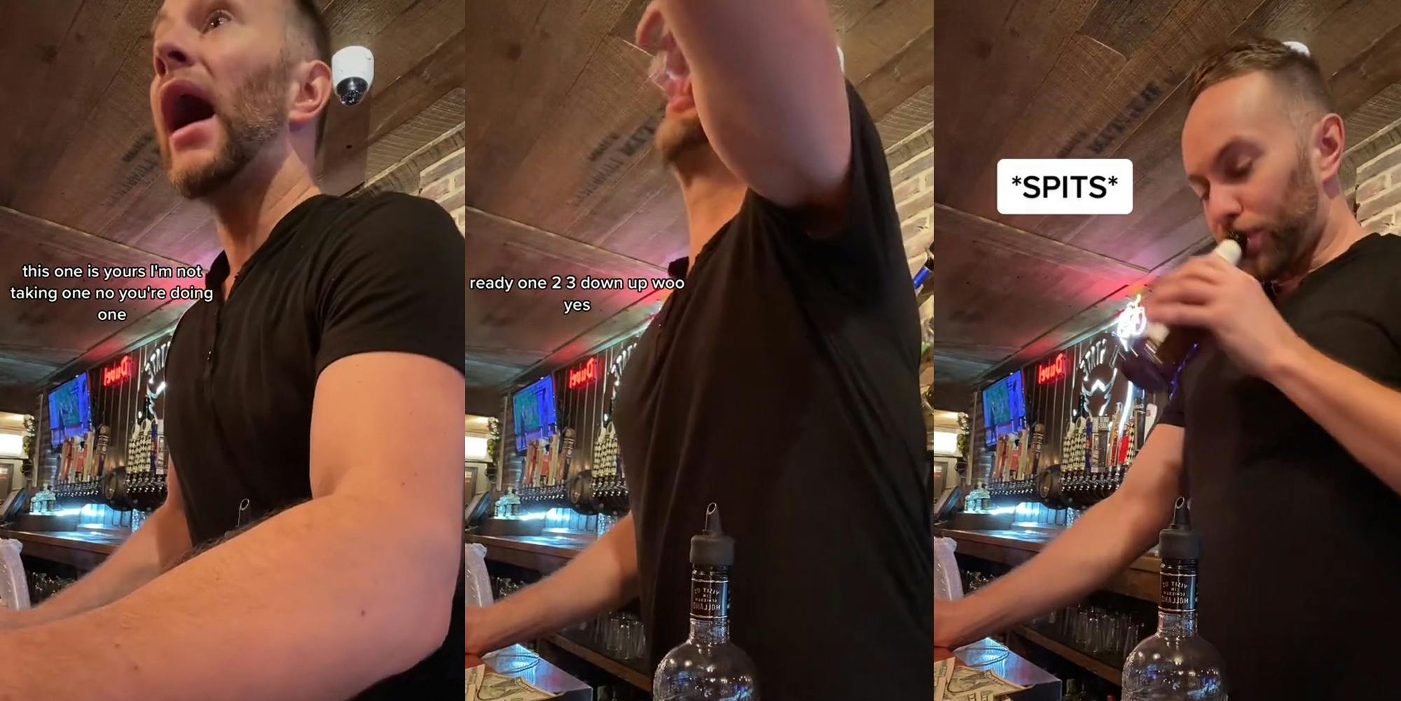 bartender with caption "this one is yours I'm not taking one no you're doing one" (l) bartender taking shot with caption "ready 2 3 down up woo yes" (c) bartender spitting into beer bottle with caption "*SPITS*" (r)
