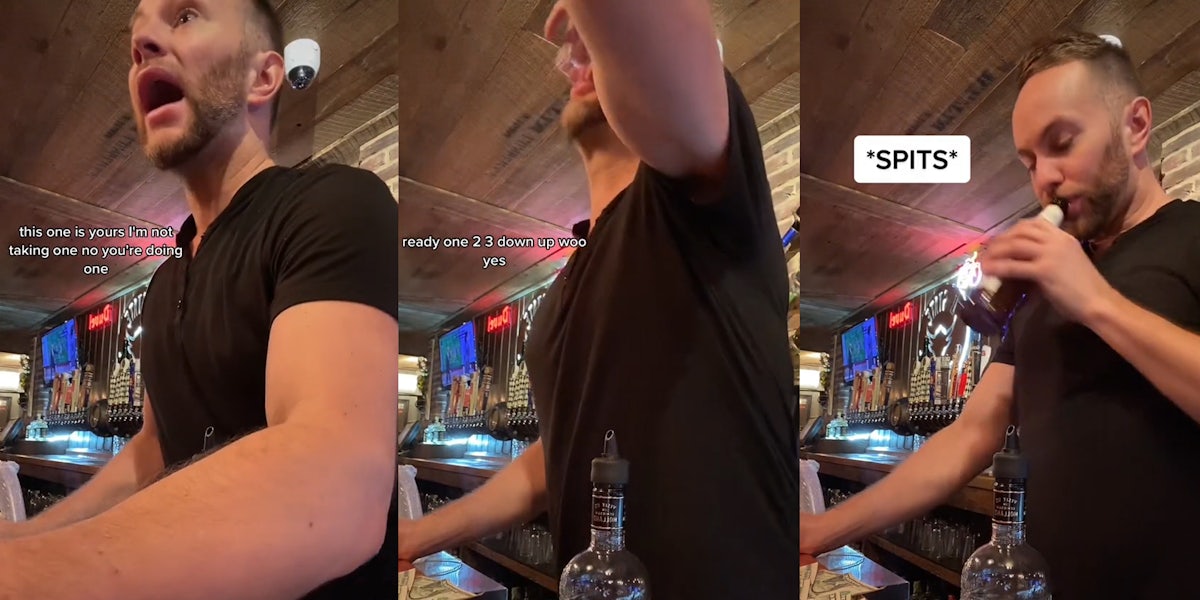 bartender with caption 'this one is yours I'm not taking one no you're doing one' (l) bartender taking shot with caption 'ready 2 3 down up woo yes' (c) bartender spitting into beer bottle with caption '*SPITS*' (r)