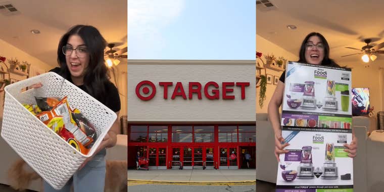 customer holding bin of snacks (l) Target building with sign and blue sky (c) customer with 2 blenders in boxes (r)