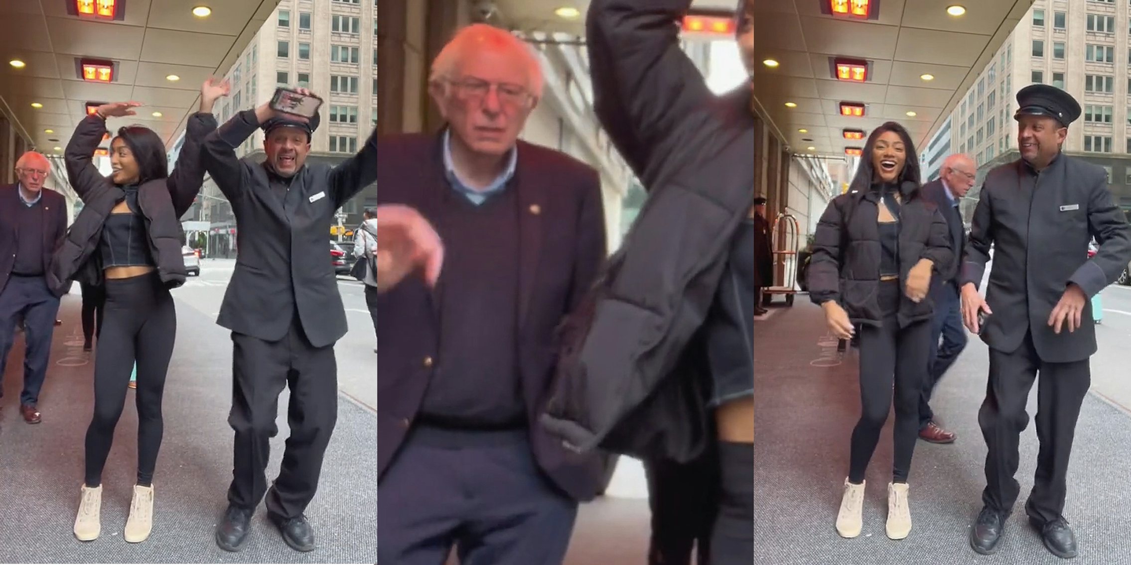 people making a TikTok outside in city as Bernie Sanders walks behind (l) people making a TikTok outside in city as Bernie Sanders walks behind zoomed in (c) people making a TikTok outside in city as Bernie Sanders walks behind (r)