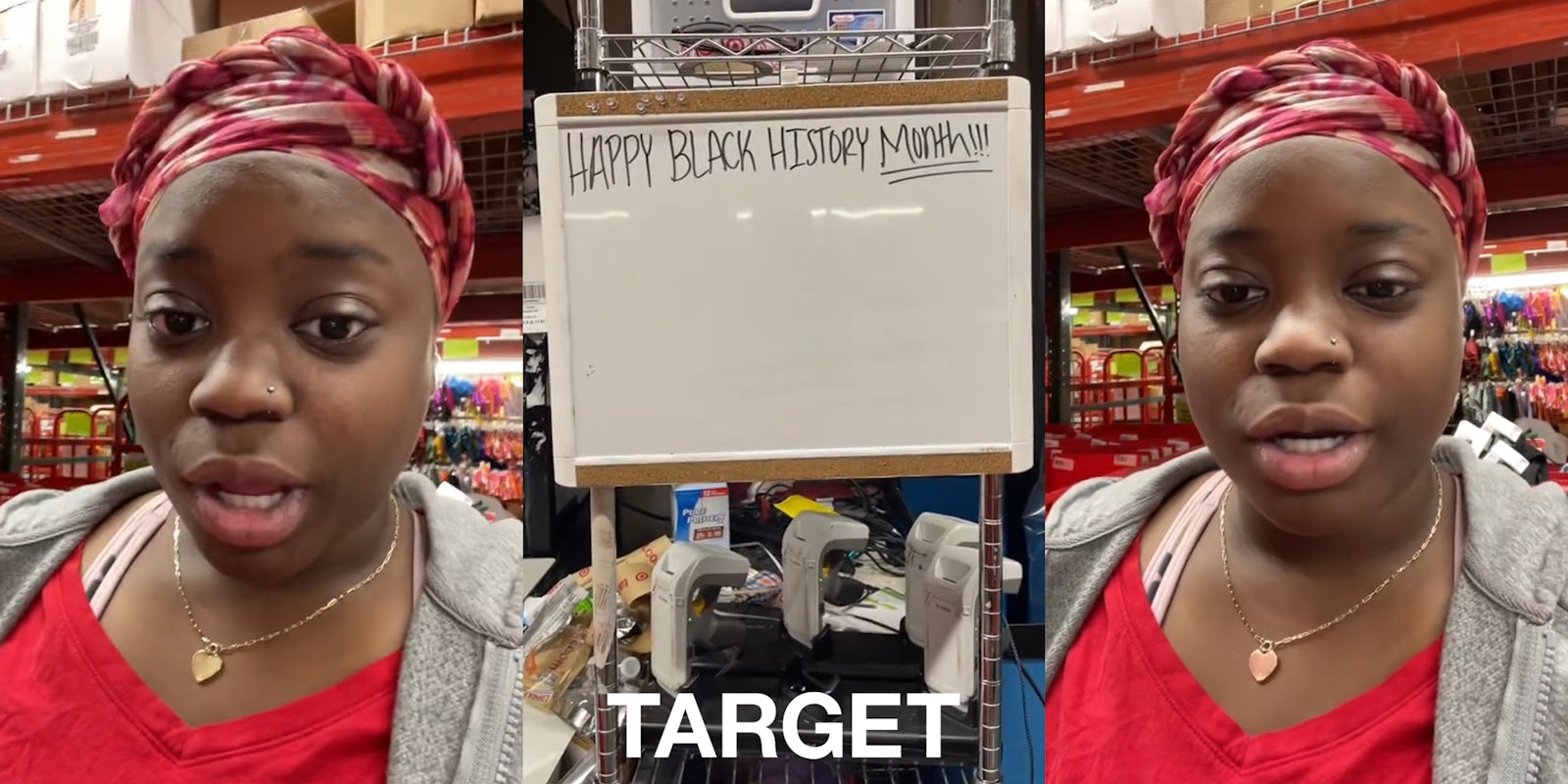 Target employee speaking (l) whiteboard in Target with writing 'HAPPY BLACK HISTORY MONTH!!!' and Target logo at bottom (c) Target employee speaking (r)