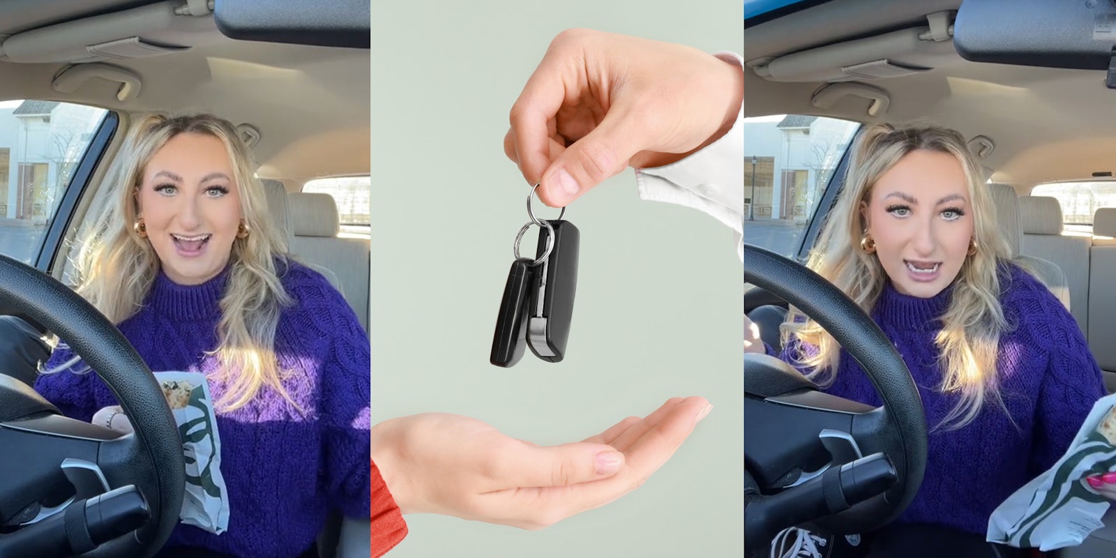 woman speaking in car (l) car salesman handing woman car keys in front of green background (c) woman speaking in car (r)