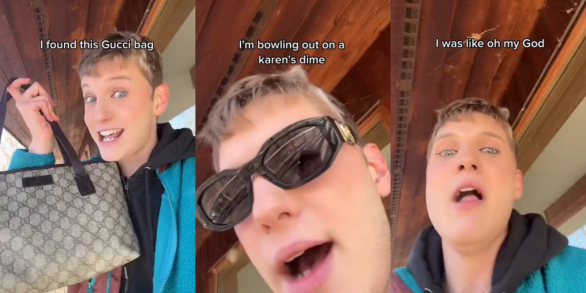 server speaking holding bag with caption 'I found this Gucci bag' (l) server speaking with sunglasses on with caption 'I'm balling out on a karen's dime' (c) server speaking with caption 'I was like oh my God' (r)