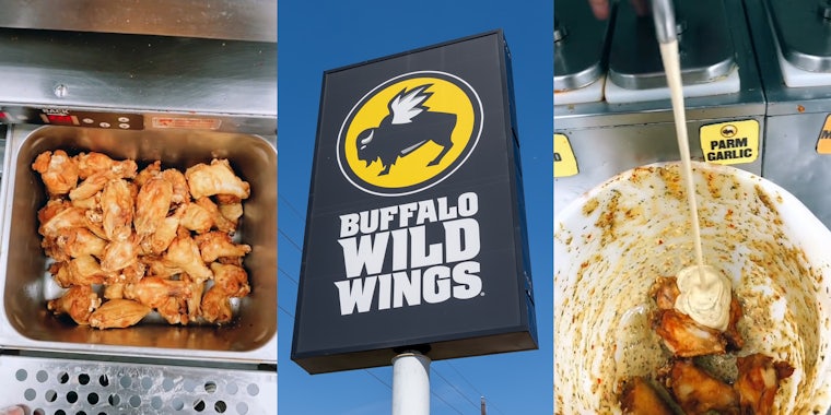 Buffalo Wild Wings wings in metal container (l) Buffalo Wild Wings sign in front of blue sky (c) Buffalo Wild Wings worker putting sauce on wings in bowl (r)