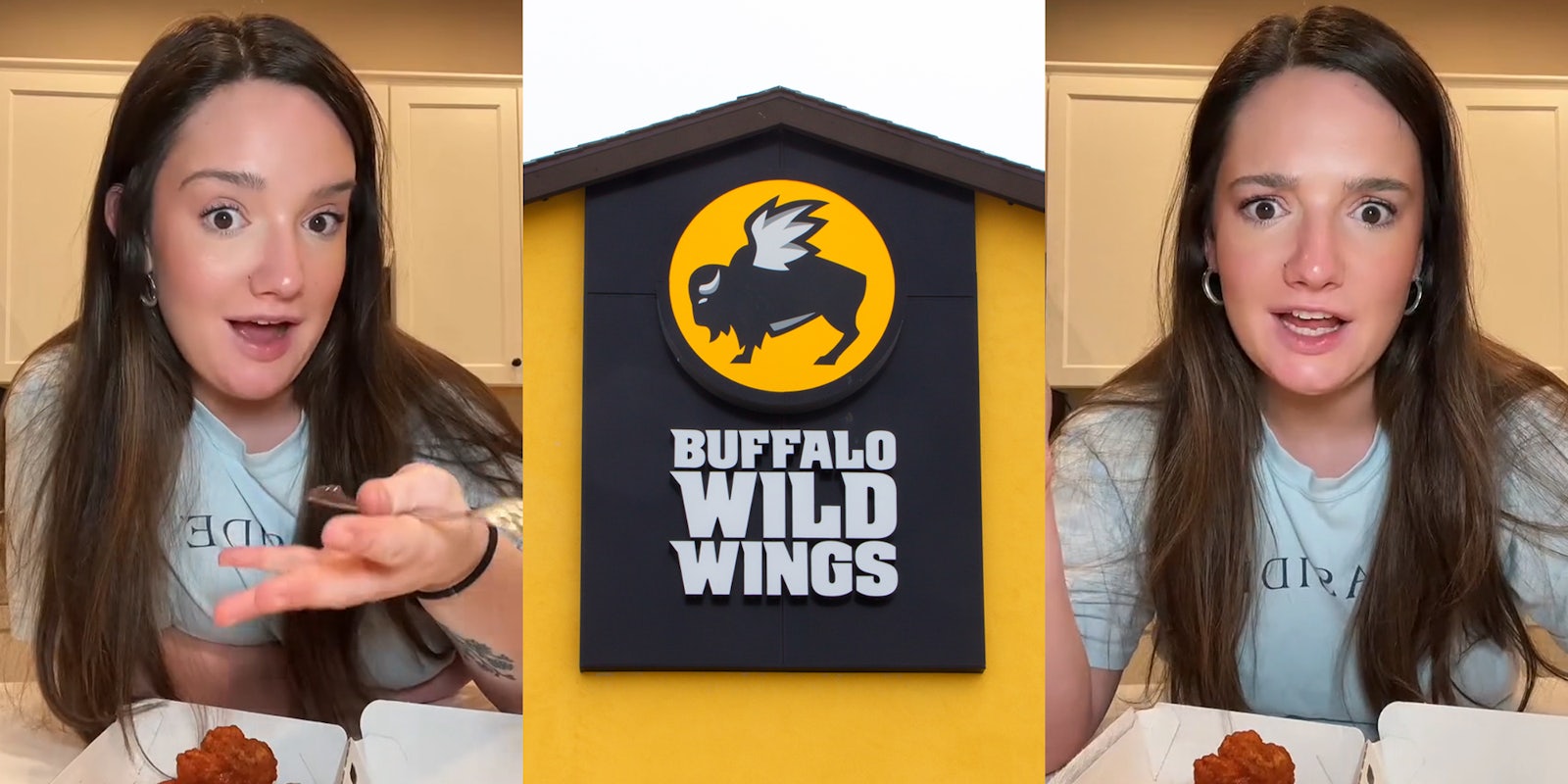 woman speaking while eating hot wings in front of tan walls in kitchen (l) Buffalo Wild Wings sign on building (c) woman speaking while eating hot wings in front of tan walls in kitchen (r)