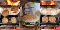 Burger King Whopper patties turning out of cooker falling onto black tray (l) Burger King Whopper (c) Burger King Whopper patties in black tray next to cooker (r)