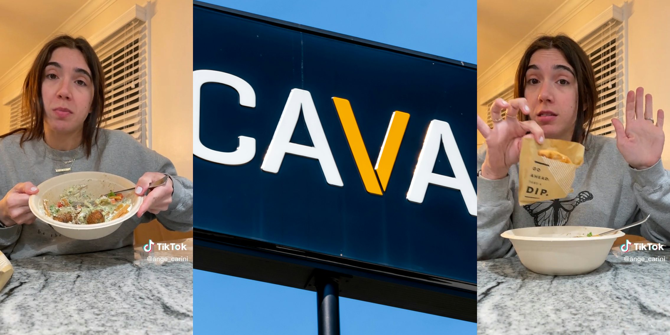 young woman with salad bowl and bread (l&r) CAVA sign (c)
