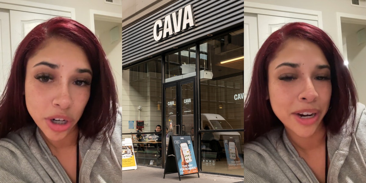 Cava customer speaking (l) Cava restaurant with sign (c) Cava customer speaking (r)