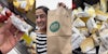 woman holding $0.80 cheese at Whole foods (l) woman smiling holding Whole Foods bag outside (c) Whole Foods basket of assorted cheap cheeses (r)