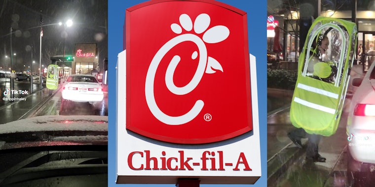 chick-fil-a drive thru worker inside transparent box in the snow