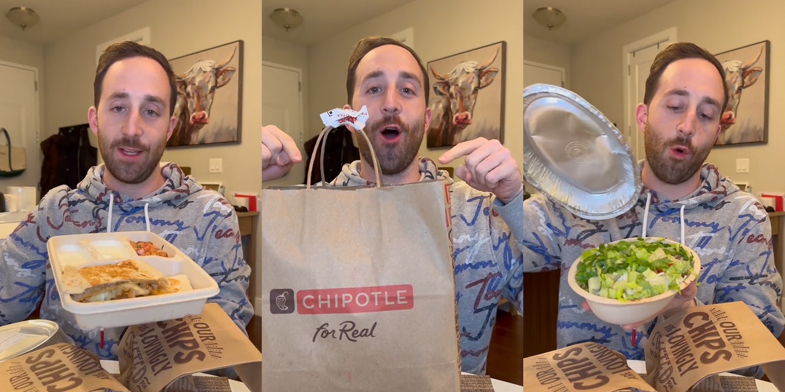 man speaking with Chipotle meal in hands (l) man pointing to Chipotle bag of food (c) man holding up Chipotle food (r)