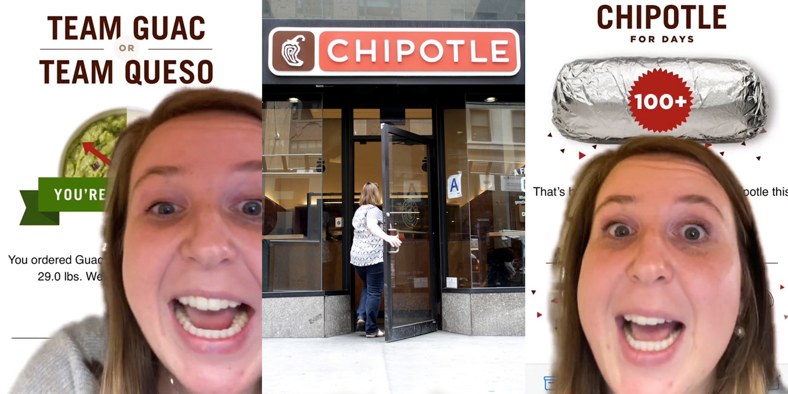 woman greenscreen TikTok over Chipotle year in review 'Team Guac or Team Queso' (l) woman walking into Chipotle (c) woman greenscreen TikTok over Chipotle year in review '100+' (r)