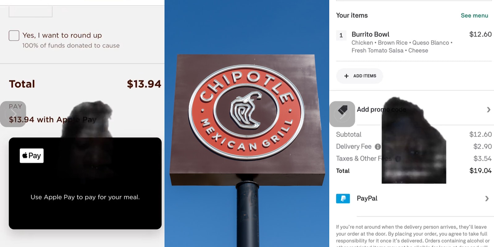 person greenscreen TikTok over Chipotle checkout in app with total at $13.94 (l) Chipotle sign in front of blue sky (c) person greenscreen TikTok over Postmates checkout in app with total at $19.04 (r)