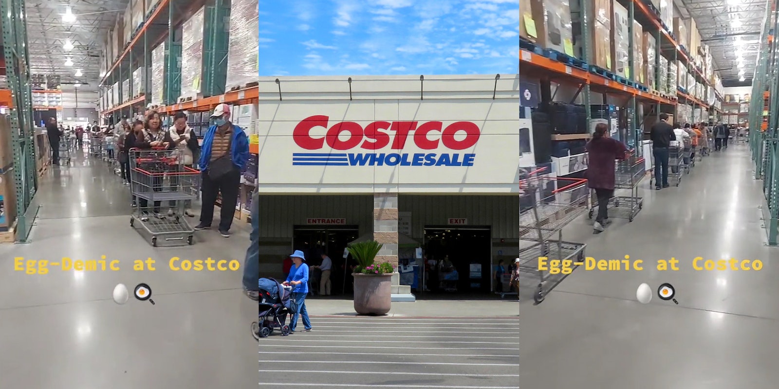 Costco line of shoppers waiting for eggs with caption 'Egg-Demic at Costco' (l) Costco building with sign and blue sky (c) Costco line of shoppers waiting for eggs with caption 'Egg-Demic at Costco' (r)