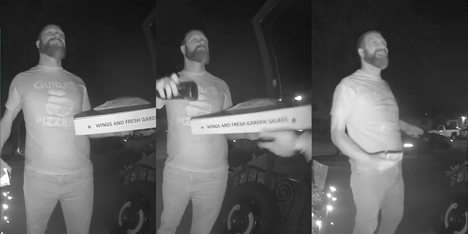 ring.com footage of pizza man speaking (l) ring.com footage of pizza man speaking and customer taking pizza (c) ring.com footage of pizza man speaking (r)