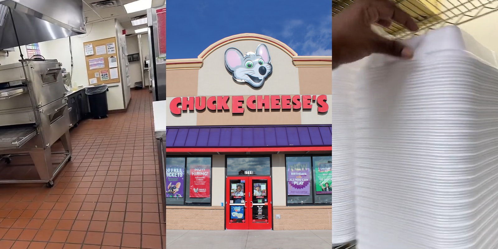 Chuck E Cheese's kitchen (l) Chuck E Cheese's building with sign (c) woman grabbing to go box from stack (r)