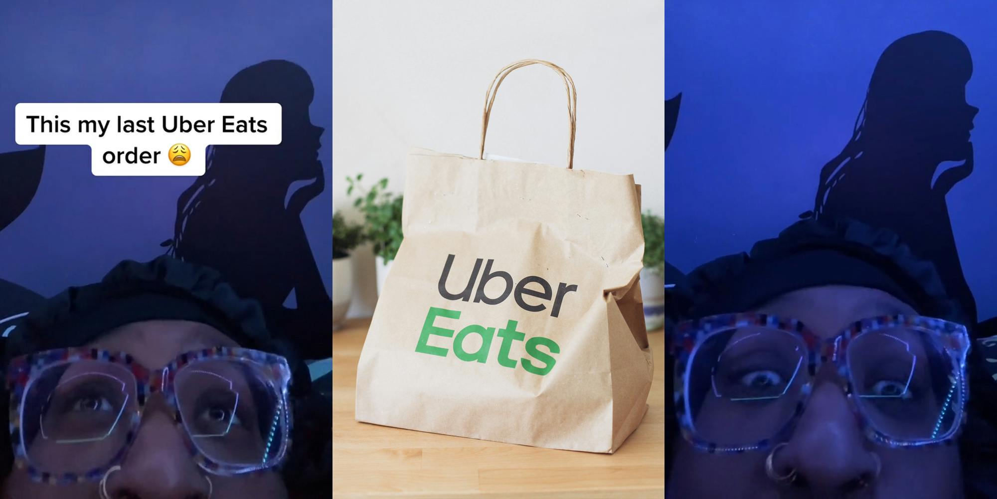 Uber Eats customer speaking in bed with caption "This my last Uber Eats order" (l) Uber Eats delivery in branded paper bag on wood floor in front of white wall (c) Uber Eats customer speaking in bed (r)