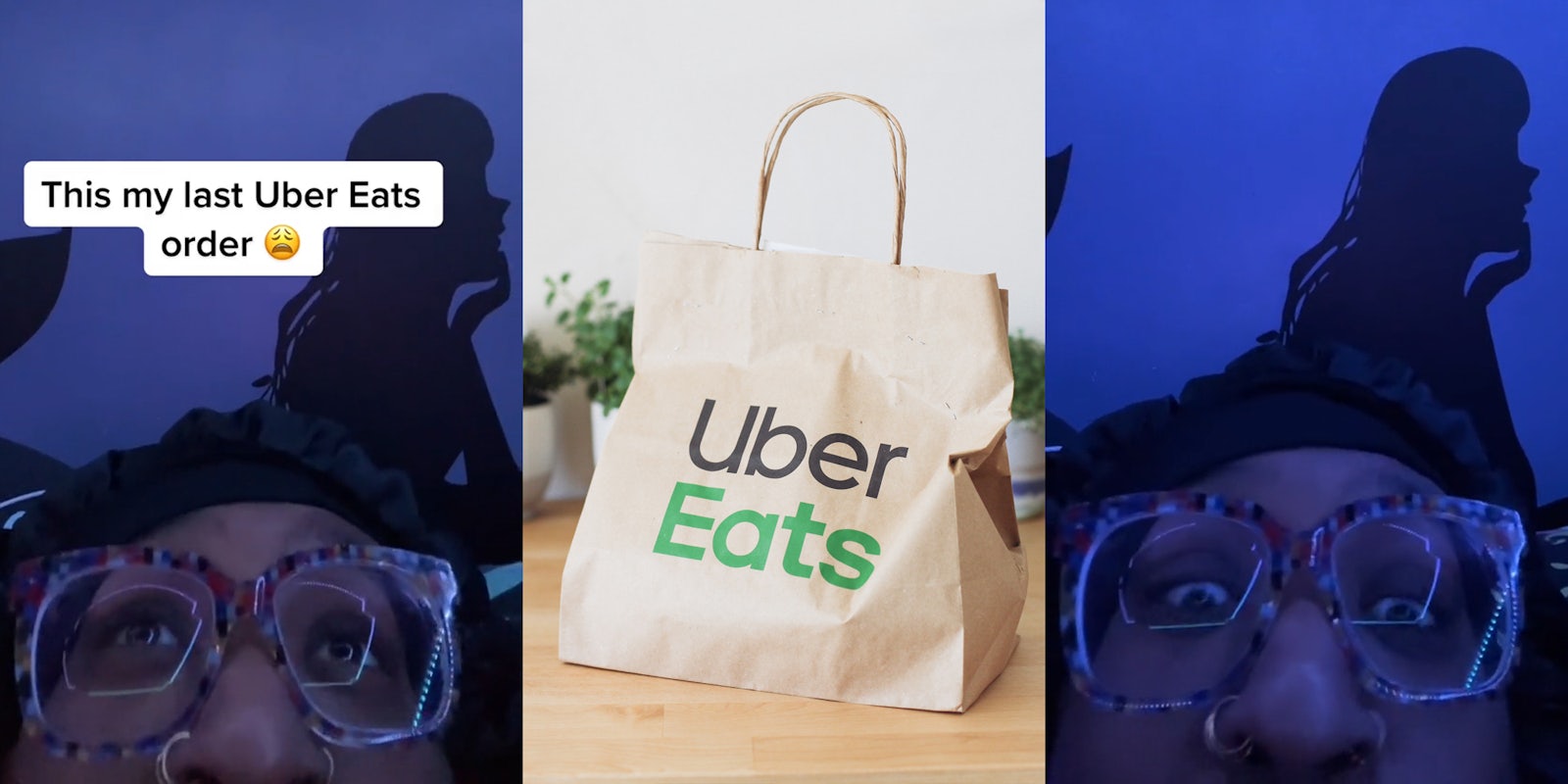 Uber Eats customer speaking in bed with caption 'This my last Uber Eats order' (l) Uber Eats delivery in branded paper bag on wood floor in front of white wall (c) Uber Eats customer speaking in bed (r)