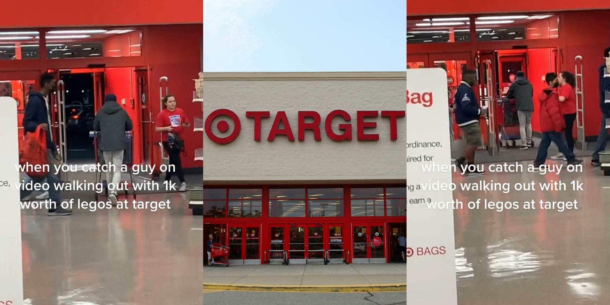 man with shopping cart walking out of Target with caption 'when you catch a guy on video walking out with 1k worth of legos at target' (l) Target sign on building with blue sky (c) man with shopping cart walking out of Target with caption 'when you catch a guy on video walking out with 1k worth of legos at target' (r)