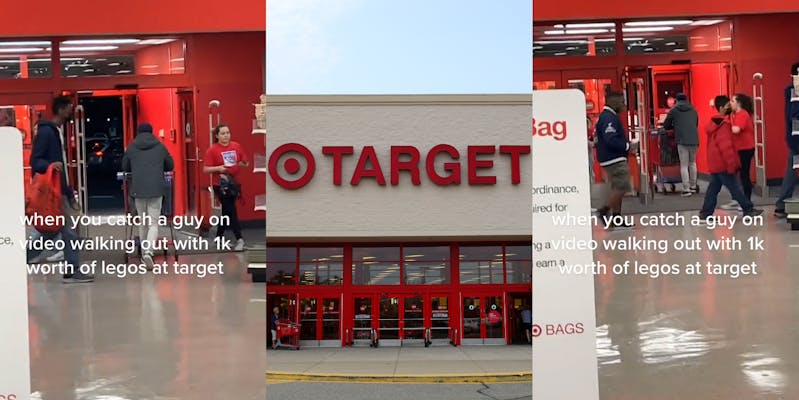 man with shopping cart walking out of Target with caption "when you catch a guy on video walking out with 1k worth of legos at target" (l) Target sign on building with blue sky (c) man with shopping cart walking out of Target with caption "when you catch a guy on video walking out with 1k worth of legos at target" (r)