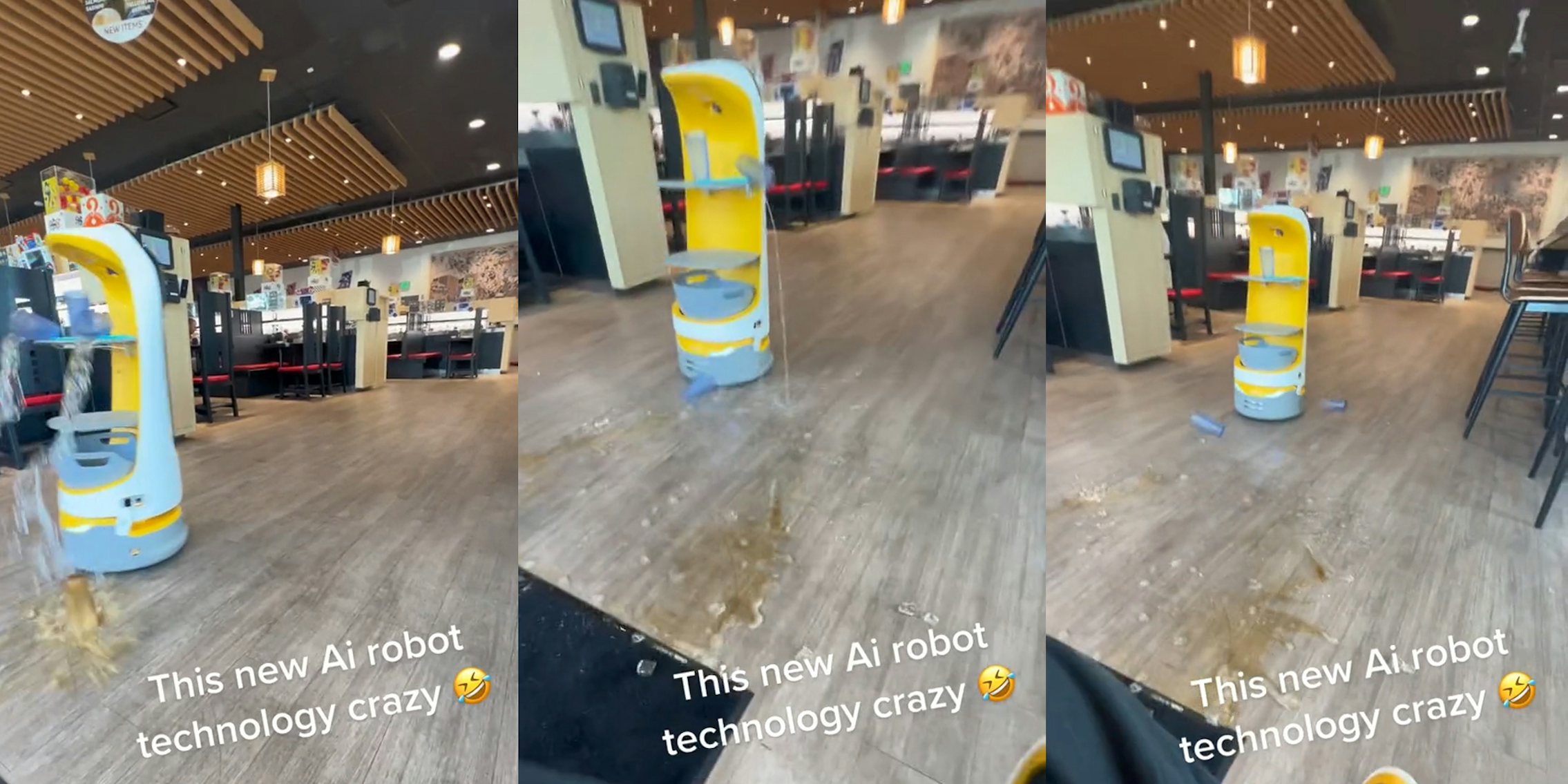 robot server spilling drinks all over floor with caption 'This new Ai robot technology crazy' (l) robot server spilling drinks all over floor with caption 'This new Ai robot technology crazy' (c) robot server spilling drinks all over floor with caption 'This new Ai robot technology crazy' (r)