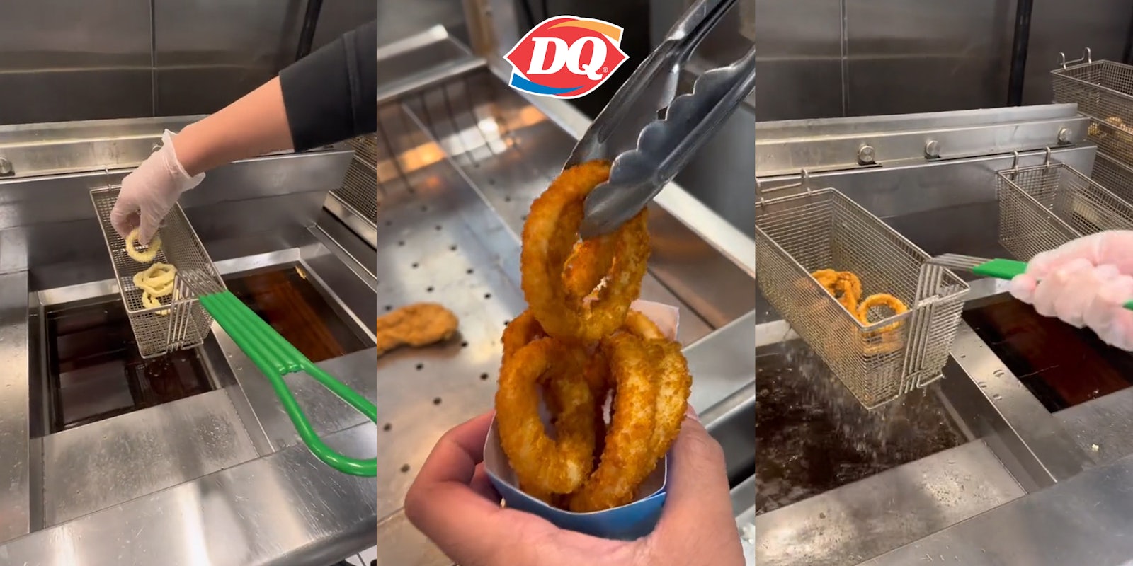 DQ employee putting onion rings in fryer (l) DQ employee putting onion rings in container with DQ logo above (c) DQ employee taking onion rings out of the fryer (r)