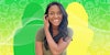 Danielle Bayard in front of green to yellow gradient background with friendship social media concept doodles Passionfruit Remix
