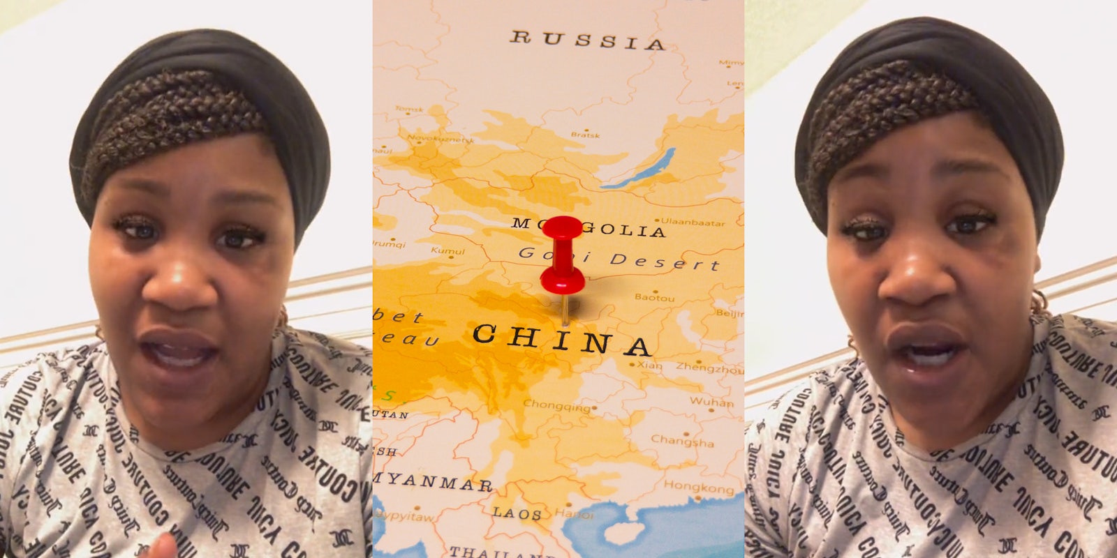 woman speaking in front of light background (l) China on map with red pin in it (c) woman speaking in front of light background (r)