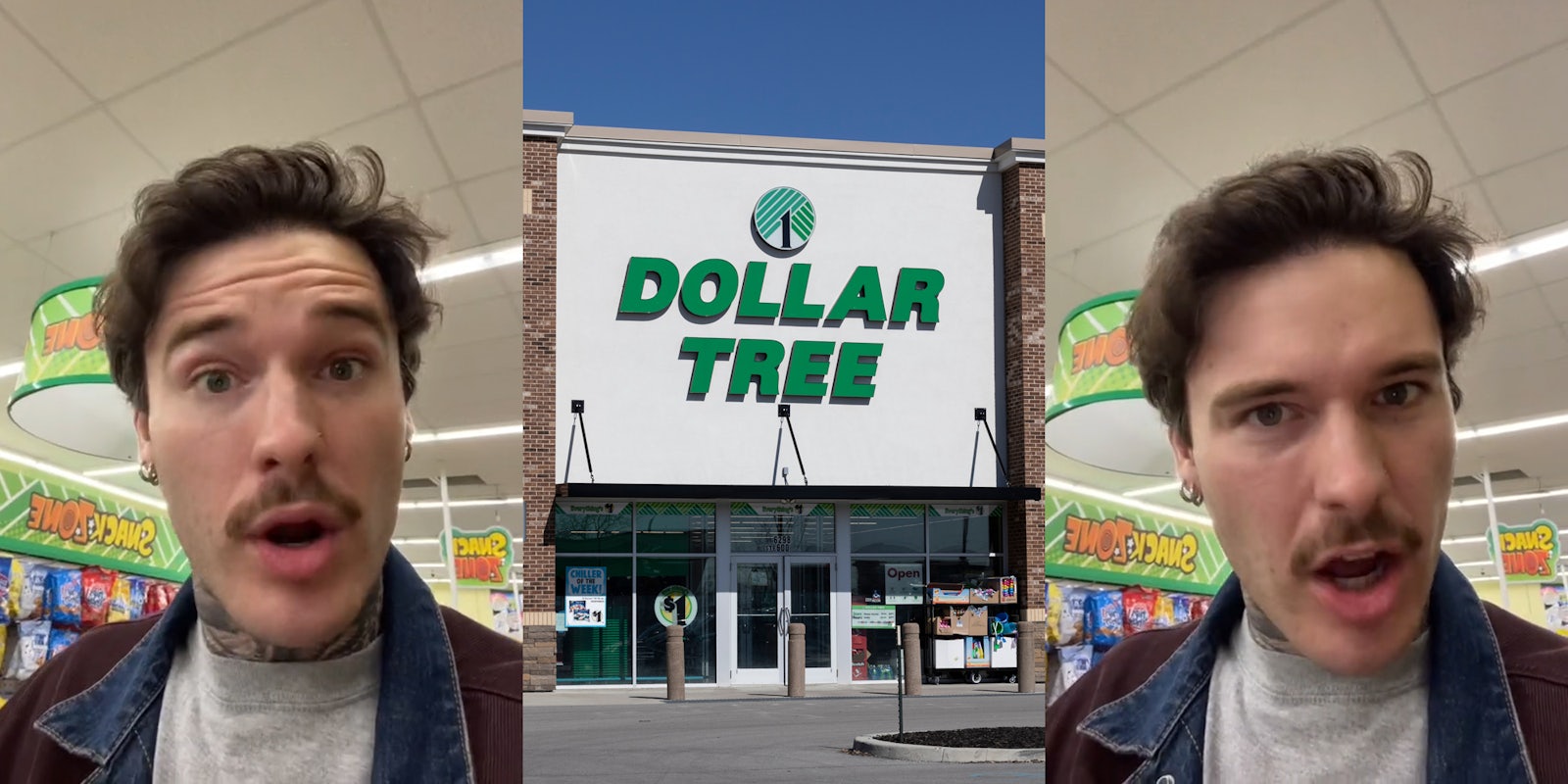 man speaking in Dollar Tree (l) Dollar Tree building with sign (c) man speaking in Dollar Tree (r)