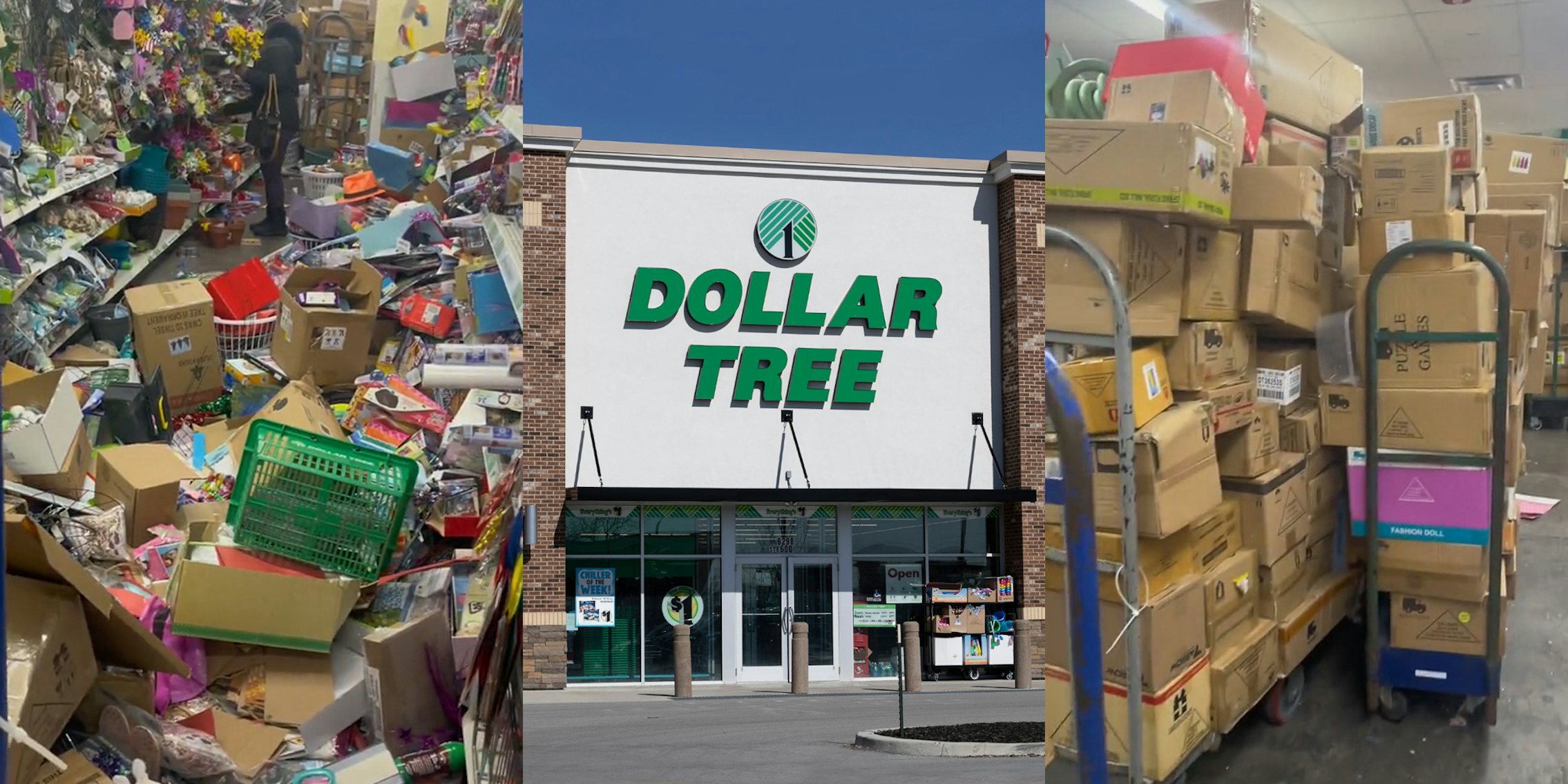 Dollar Tree aisle with inventory all over the floor blocking other entrance to aisle (l) Dollar Tree sign on building (c) Dollar Tree interior with inventory in boxes everywhere (r)