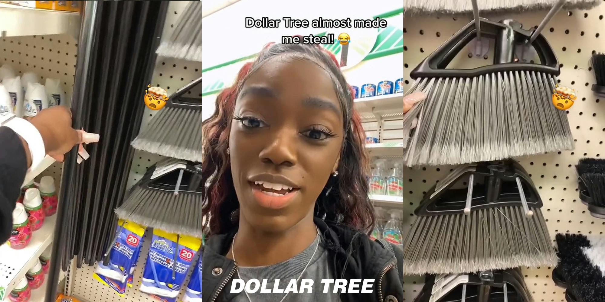 woman holding broom stick from Dollar Tree (l) woman speaking in Dollar Tree with caption "Dollar Tree almost made me steal!" with Dollar Tree logo at bottom (c) Dollar Tree broom brush end being held up (r)