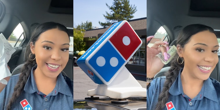 Domino's employee in car speaking holding receipt (l) Domino's delivery car with sign on top (c) Domino's employee in car speaking holding cash (r)