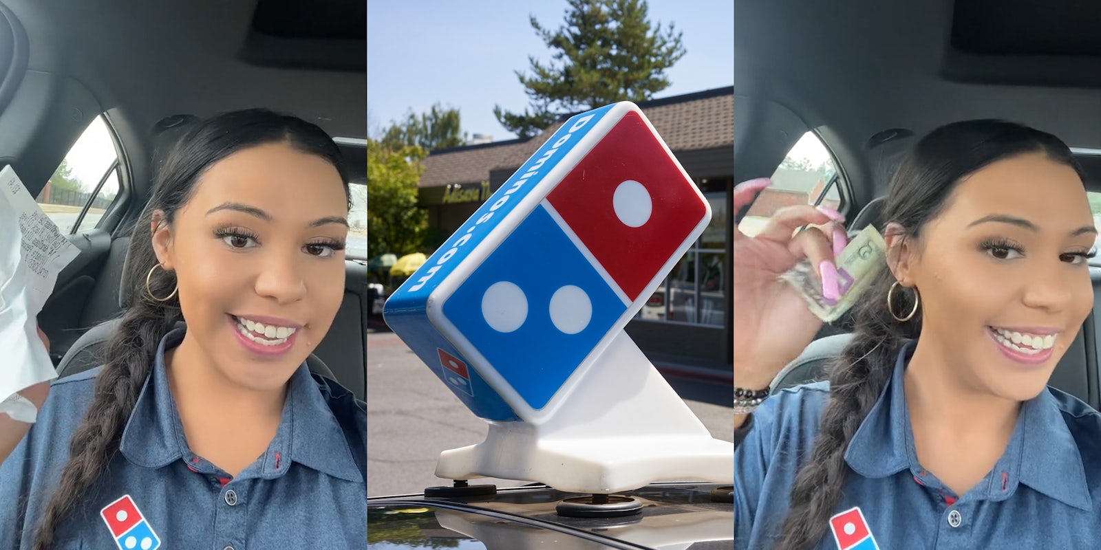 Domino's employee in car speaking holding receipt (l) Domino's delivery car with sign on top (c) Domino's employee in car speaking holding cash (r)