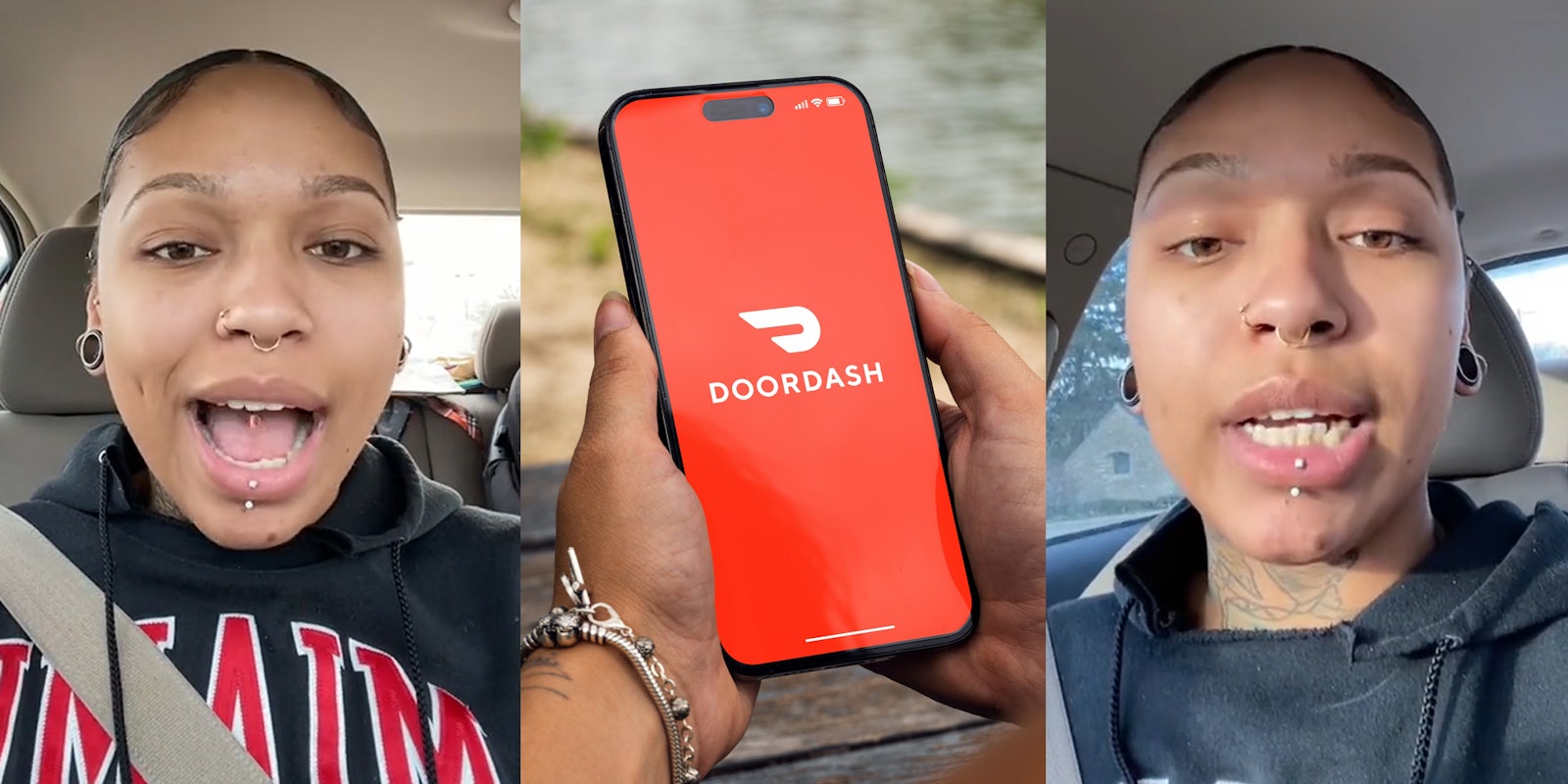 DoorDash employee speaking in car (l) DoorDash on phone in hands in front of wooden table (c) DoorDash driver speaking in car (r)