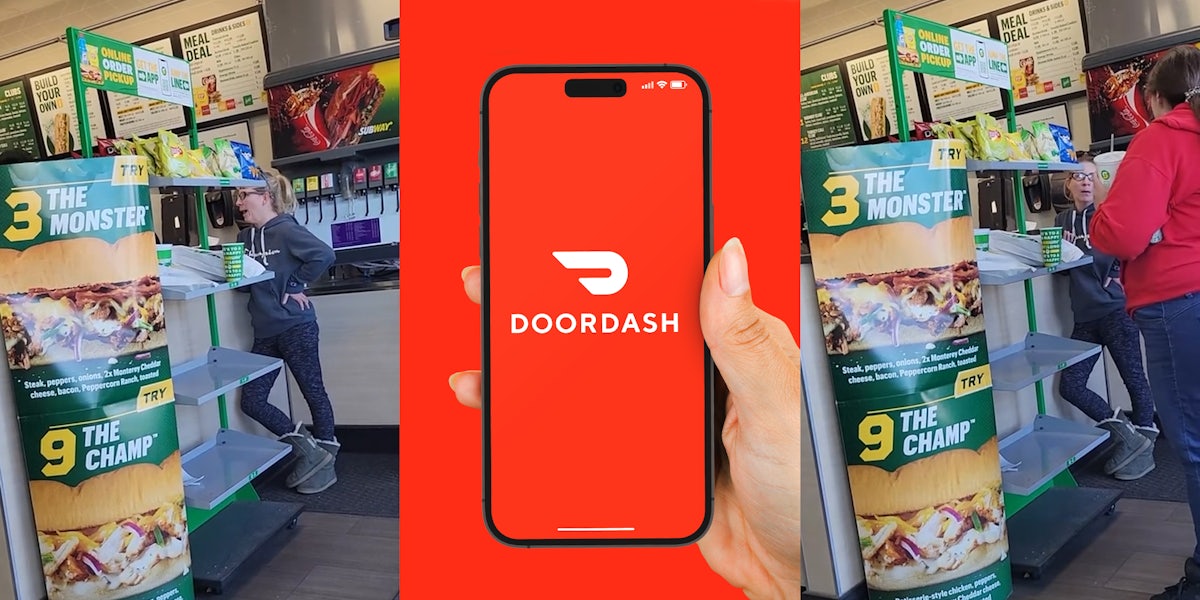 DoorDash driver speaking to Subway workers over the counter (l) DoorDash on phone in hand in front of red background (c) DoorDash worker in Subway speaking to woman (r)