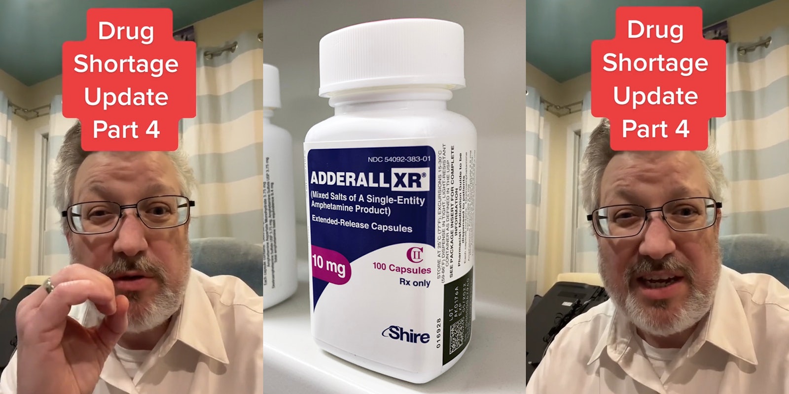 pharmacist speaking holding up hand making zero with caption 'Drug Shortage Update Part 4' (l) Adderall ADHD medication in bottle on shelf (c) pharmacist speaking with caption 'Drug Shortage Update Part 4' (r)