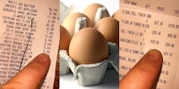 finger pointing to egg price on receipt 5 dozen eggs for $9.59 (l) eggs in carton in front of white background (c) finger pointing to egg price on receipt $39.89 (r)